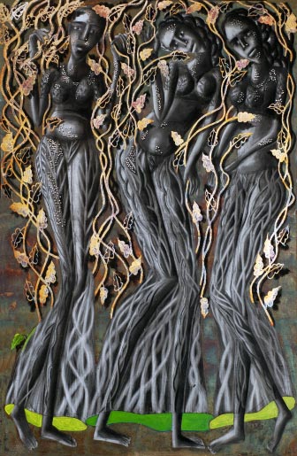 Title: 'Naika & The Tree Trunk - 85', Medium: 'Work on Canvas, Acrylic, Silver and Gold Foil', Size: '152 x 122 cm', Year: '2010'