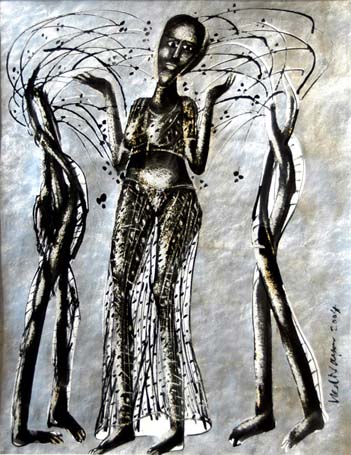 Medium: 'Work on Paper, Chinese ink, Counte, Gouache & Silver Foil', Size:'76 x 56 cm'