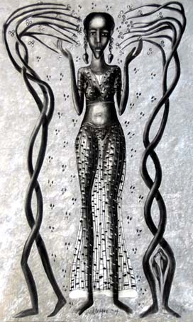 Medium: 'Work on Paper, Chinese ink, Counte, Gouache & Silver Foil', Size:'152 x 92 cm'