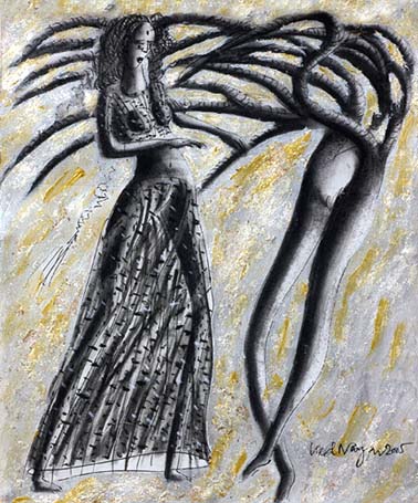 Medium: 'Chinese Ink, Acrylic on Canvas, Gold & Silver Foil', Size:'46 x 31 cm'