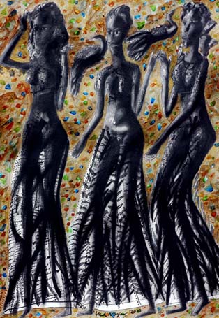 Medium: 'Chinese Ink, Acrylic on Paper, Counte, Gold & Silver Foil', Size:'46 x 31 cm'