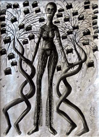 Medium: 'Chinese Ink, Acrylic on Paper, Counte & Silver Foil', Size:'76 x 56 cm'