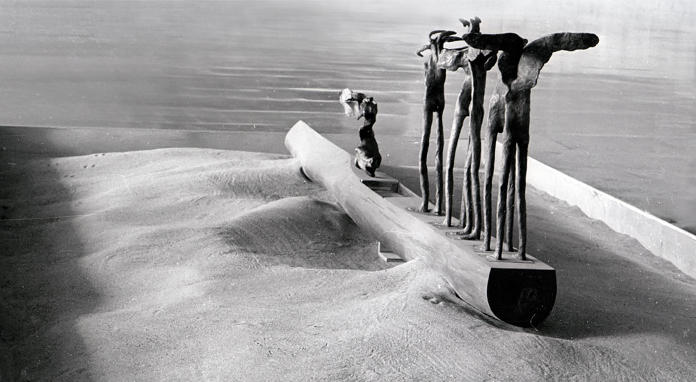 Title: 'Mankind - 2182 (An alternative)', Medium: 'An Installation with Sand Field, Wooden Log & Bronze Sculptures', Size: '548 x 365 x 75', Year: '1982', 'Exhibited in 5th International Triennale - India Awarded Communication Certificate by International Jury Collection: National Gallery of Modern Art'